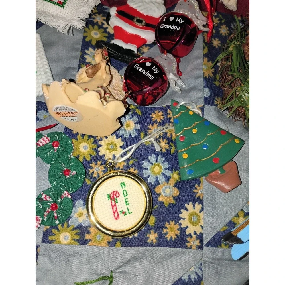Lot Of 37 Vintage Christmas Ornaments Santa, Needlepoint, Wooden, Ceramic Mixed
